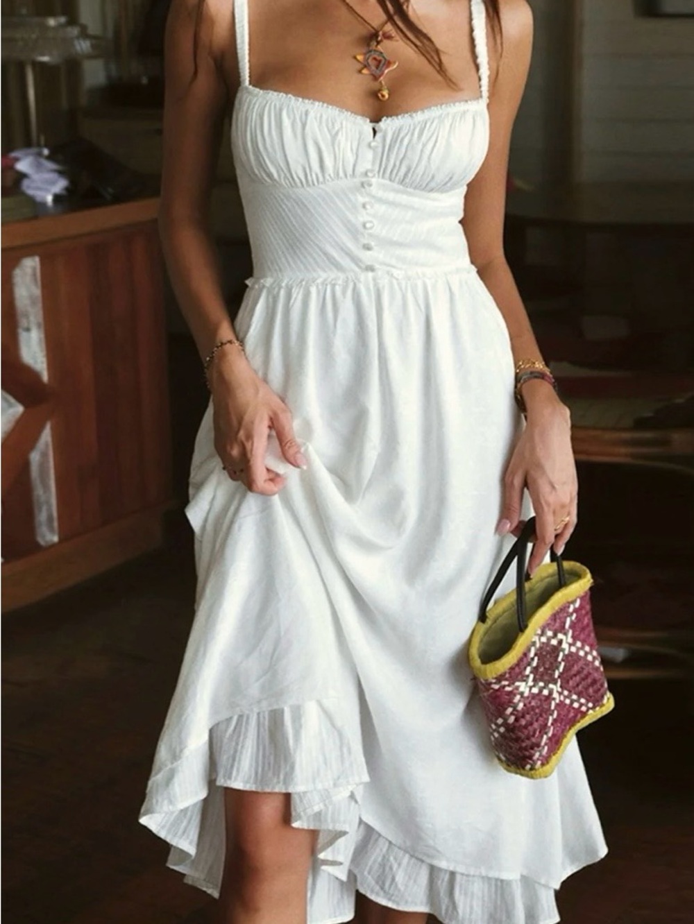 Commense White Ruched Bust Midi Dress